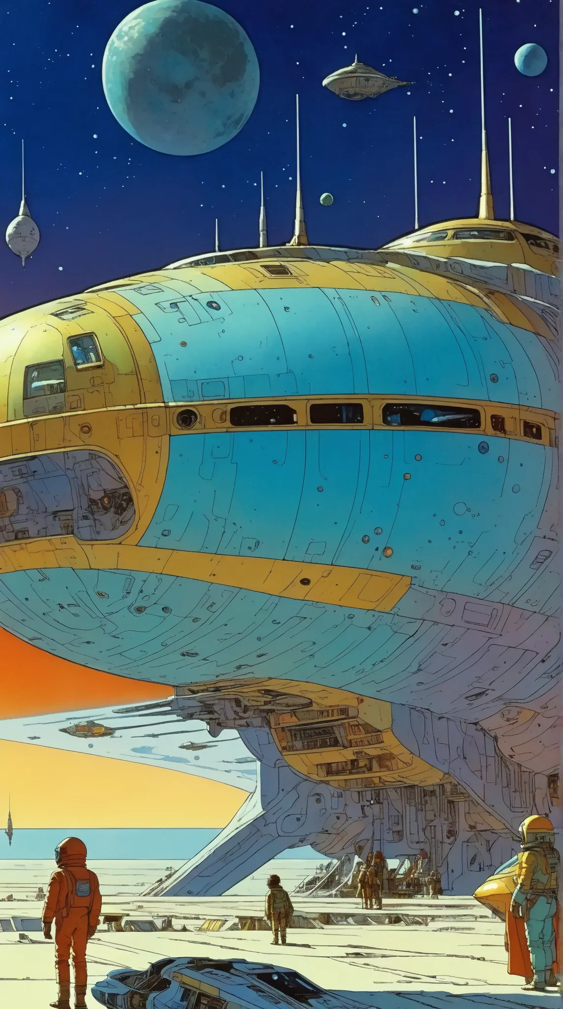 Moebius (Jean Giraud) Style - A picture by Jean Giraud Moebius, Spaceship in deep sky, Science fiction illustrations, Retro-future. Sci-fi illustrations , Impressive retro-future Spaceship, galaxy, Distant nebulas, in Moebius' signature style with sharp de...