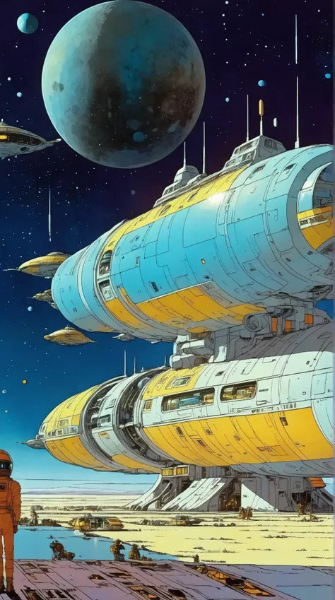 Moebius (Jean Giraud) Style - A picture by Jean Giraud Moebius, Spaceship in deep sky, Science fiction illustrations, Retro-future. Sci-fi illustrations , Impressive retro-future Spaceship, galaxy, Distant nebulas, in Moebius' signature style with sharp de...