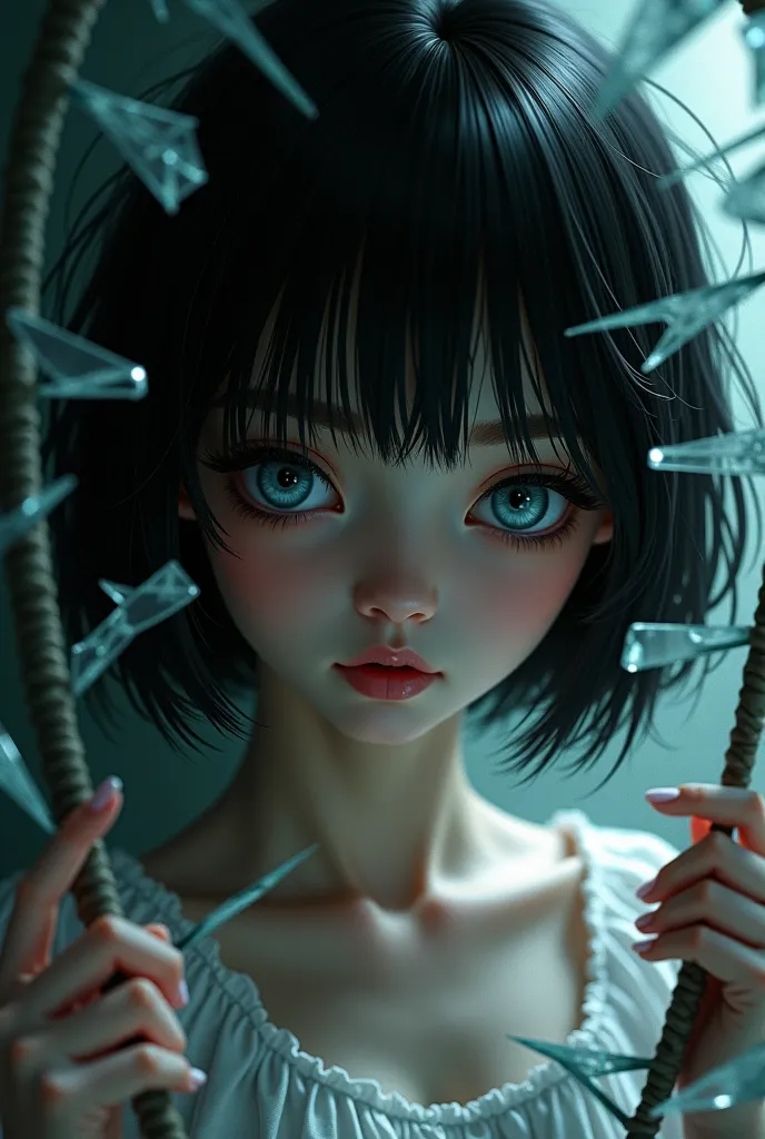 anime short haired woman, White eyes,  black hair, looking at a broken mirror, Broken glass around, reflecting her own shadow, but not her.,  gloomy atmosphere , She's like a doll, with floats stitched along her body