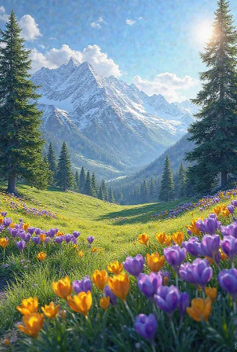 A spring landscape full of purple and yesllow crocus, with talk snowy mountains in the back, tall fir trees nearby and fresh deep green gras. 