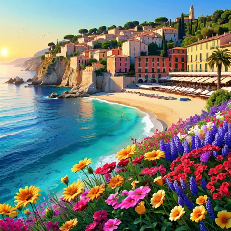 Nice, France, 
Beautiful sea in Nice,
Brightly colored and dazzling flowers, 
beautiful nature and cityscape, 
beautiful flowers, 
The sun rises, 
NICE morning, 
beautiful digital art, 
adorable digital painting, 
beautiful digital artwork, 
very beautiful...