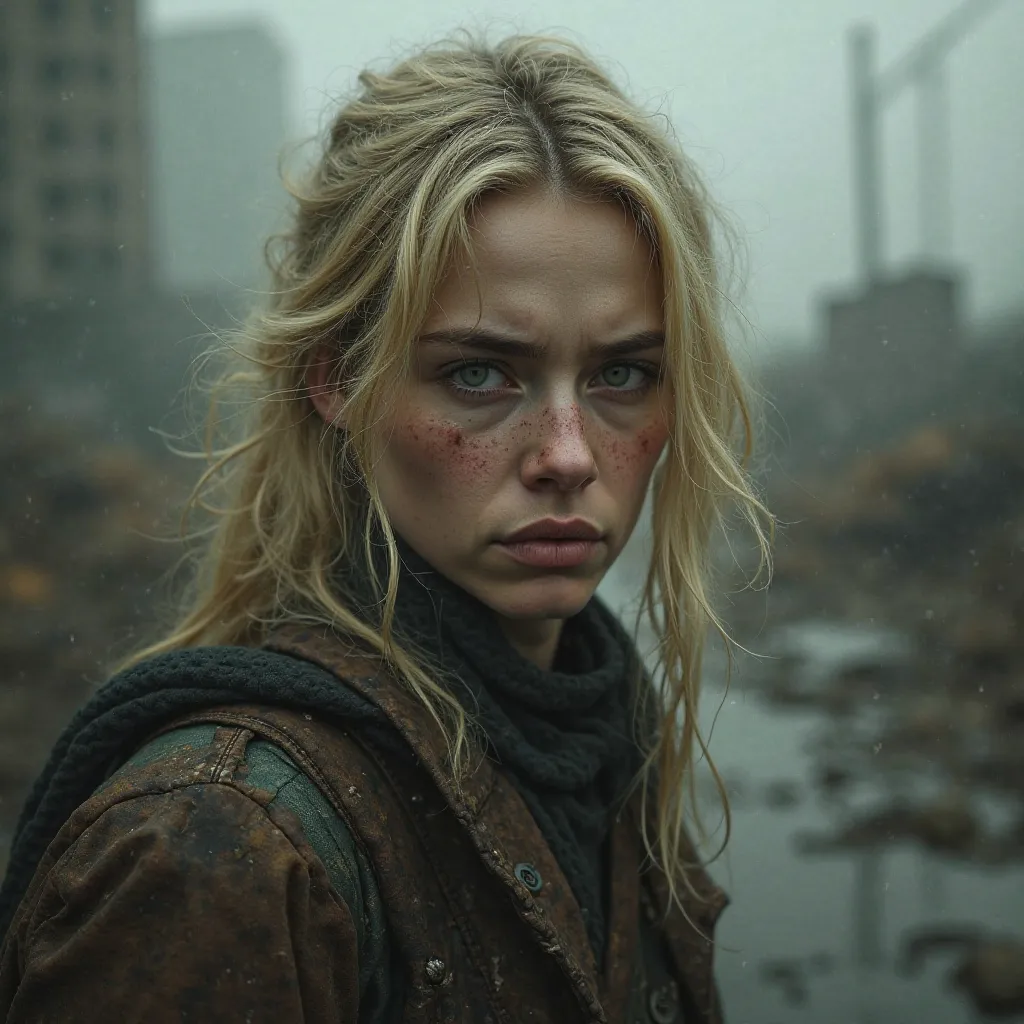  The image is post-apocalyptic. Full face portrait image, where the character's head is exactly in the center of the image. Sad blonde woman