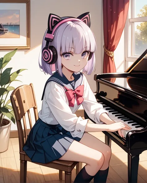 best quality,1 young woman,,slender body,Short stature,(light purple hair:1.2),Medium Hair,hime cut,hairs between eyes,big eyes,evil smile,small breasts,school choir uniform,,high socks,piano,chair,Headphones,Scratch head,spring,evening,music room,
