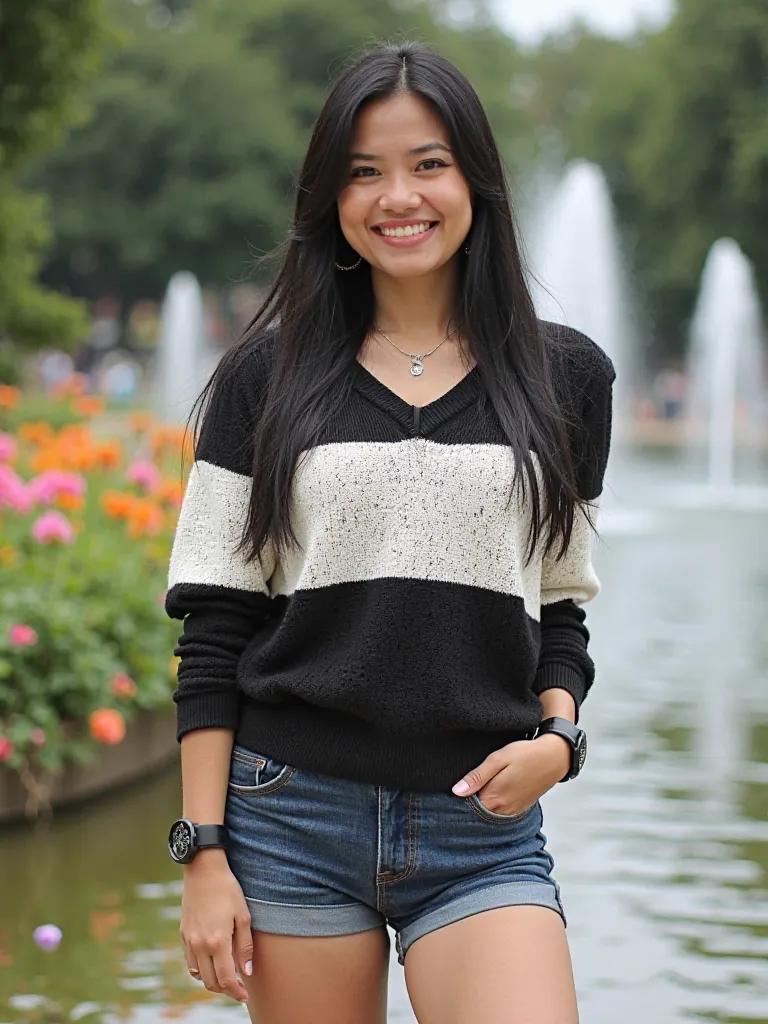 Photography pinoy image of  40year old slightly chubby but sexy woman,sweet smile,long black straight hair with ponytail,wearing black and white sweater denim skinny shorts black shoes,necklace,wrist watch,background water fountain assorted flower in the p...