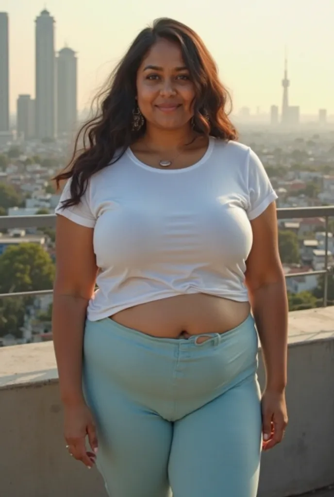 front view - fair plump Indian lady standing on  terrace wearing white t-shirt and  light blue  tight leggings showing pussy V. background is a cityscape