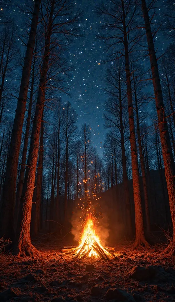 "A mesmerizing nighttime scene of a glowing campfire in the middle of a dense forest. The warm, flickering flames illuminate the ground, casting long shadows across the bare trees. Above, the dark sky is dotted with golden embers drifting upwards like tiny...