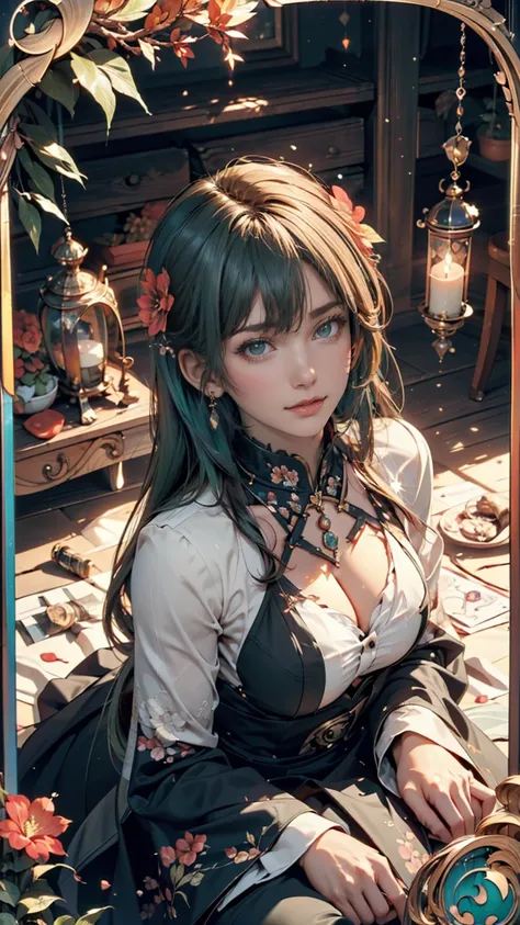 (masterpiece, Top Quality, Highest quality, official art, Beautifully Artistic:1.2), (1 girl:1.3), (Fractal Art:1.3), card, Tarot,  green hair, twin tails from above,  Hair Flower, ( good lighting :1.1), ((Hi-Res)), Tarot card style