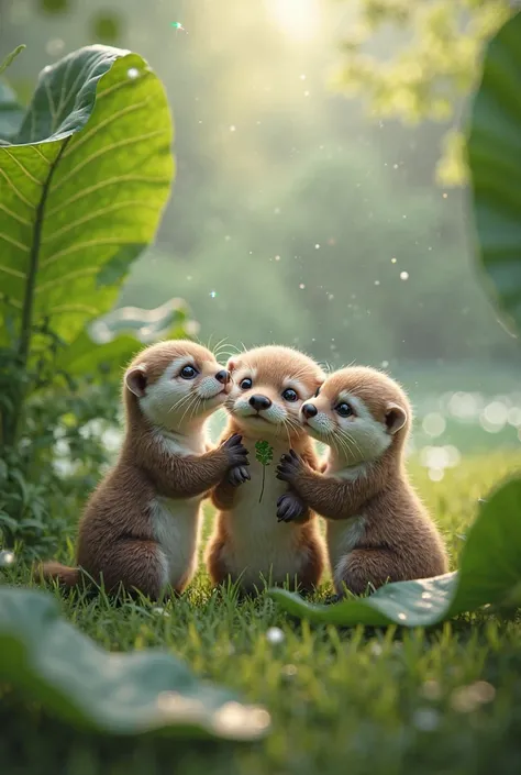 An ultra realistic image showing three cute baby Otters. The leaves perches on a green lawn with water, where the leaves appear gigantic next to the little baby Otters. The leaves has realistic textures, with subtle wrinkles and a touch of moisture reflect...