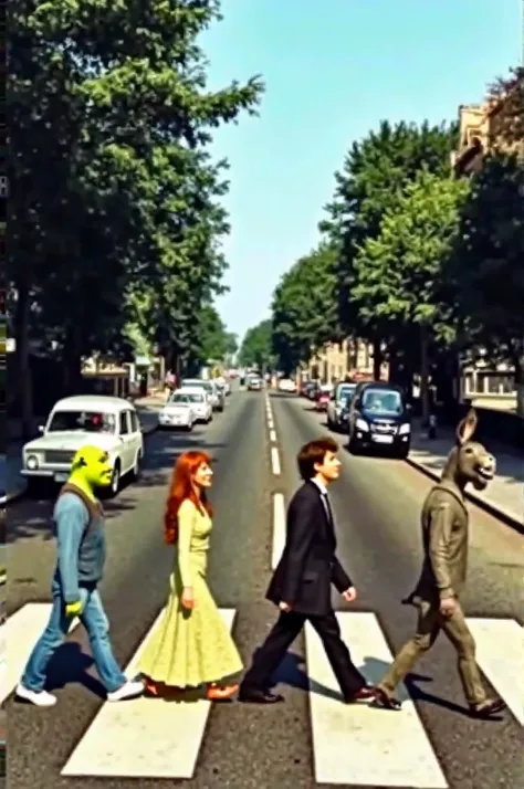 Shrek, Fiona, Puss in Boots, and Donkey walking down Abbey Road like the Beatles did in their album cover of Abbey Road. 