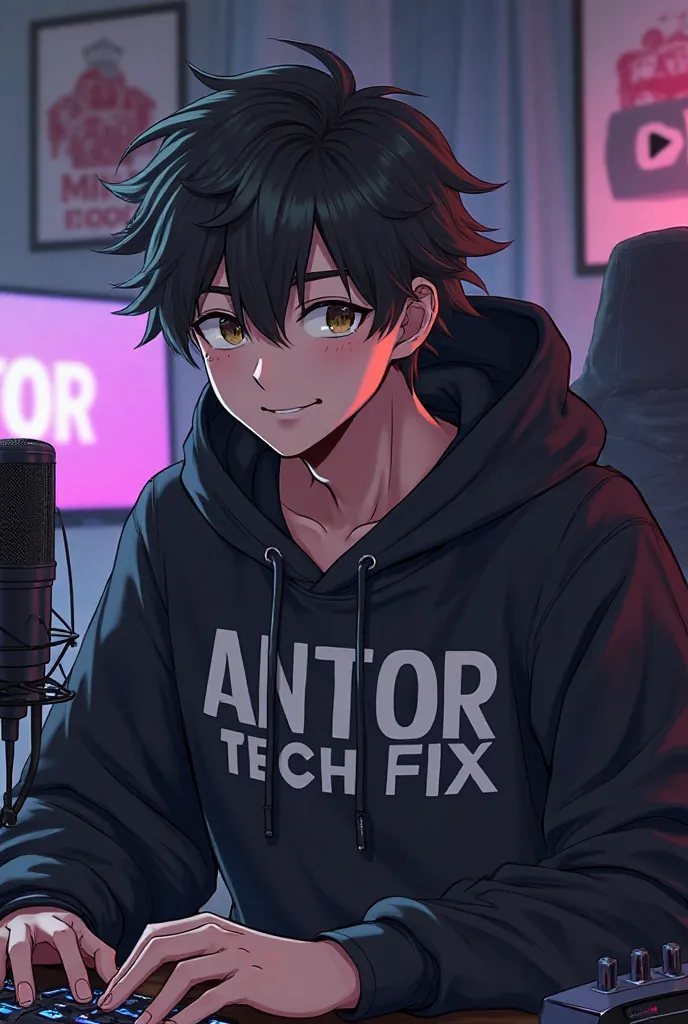 Create a anime boy who have a  mature looking like a man facing in front  he is a  YouTube content creator, sitting in his studio with futuristic gadgets, and there is mic near him ,wearing black hoodie, write ANTOR TECH FIX  in a black hoodie smiling, and...