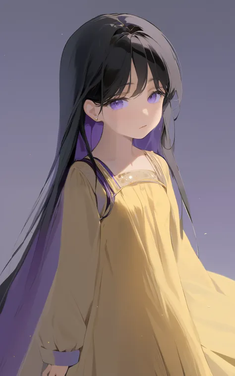 (masterpiece,Highest quality, narrower _ exhaustive,Hi-Res,Absard Dress:1.2), golden purple color,(oil \(medium\):1.1), 1 girl, Alone, black hair, watching viewers, gray eyes, long hair, blue eyes, cute、 troubled face、Baby Face、