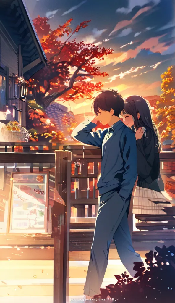 A nostalgic scene of a age boy holding his jacket over a girl’s head as they walk home together.