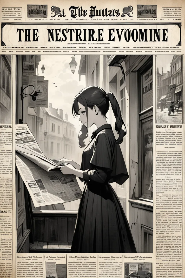 Composition of a newspaper article、A girl with twin tails will be published in an article、black and white、many advertisements are posted under newspaper articles、Expressing old paper quality、