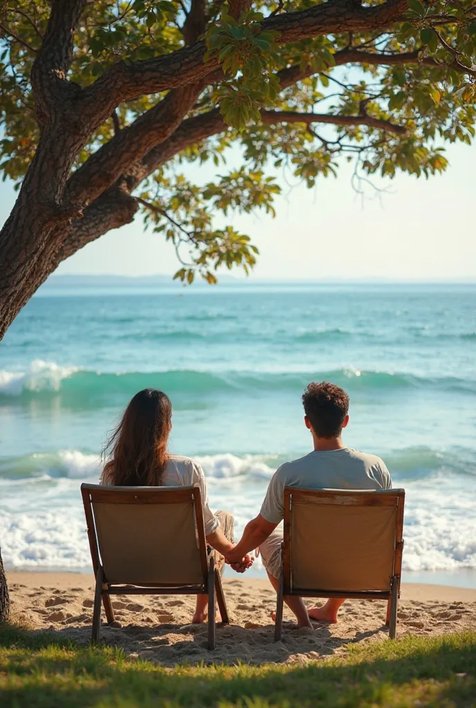 "A young couple, boyfriend and girlfriend, sitting together hand in hand at a relaxing spot by the sea. The scene is captured in ultra-HD, hyper-realistic detail with a large tree in the background, adding depth and tranquility to the environment. The ocea...