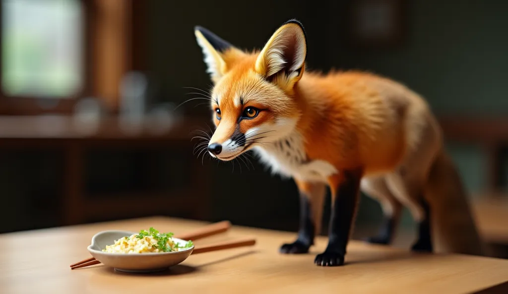 live-action　Red fox　I have chopsticks　It's on the table