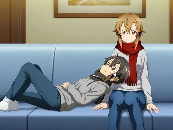 Bell, anime, brown hair, medium chest, brown eyes, light smile, jeans,  scarf,  gray sweatshirt ,  blue pants, is sitting,  pair of legs on the back of socks, Inside the smart home, is sitting on the couch, Asada Shino&#39;s face, anime Sword Art Online, H...