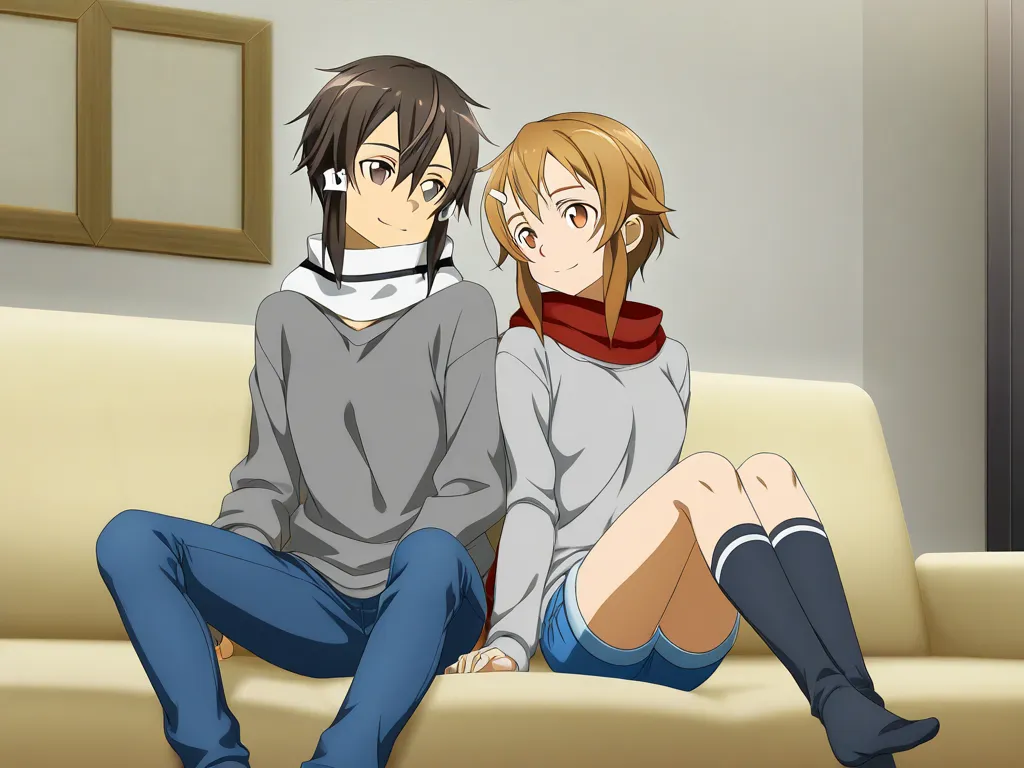 Bell, anime, brown hair, medium chest, brown eyes, light smile, jeans,  scarf,  gray sweatshirt ,  blue pants, is sitting,  pair of legs on the back of socks, Inside the smart home, is sitting on the couch, Asada Shino&#39;s face, anime Sword Art Online, H...