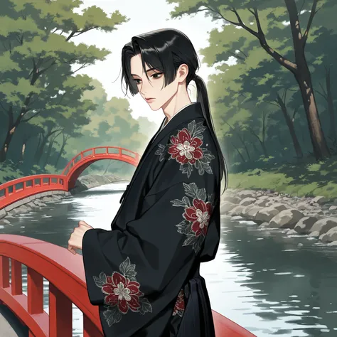 solo, long hair, black hair, long sleeves,ponytail,parted bangs,bishounen,skinny,lips,portrait, 1boy, black eyes, male focus, outdoors, japanese clothes, wide sleeves, tree, floral print, hakama, black kimono, River,bridge,standing,