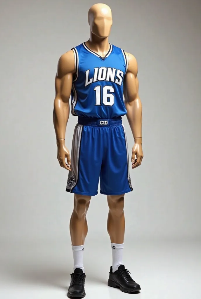 A muscular tan-colored mannequin with visible muscle definition in the front, sides, and back view. The mannequin does not need eyes or a mouth. It is wearing a basketball uniform, paired with black shoes and white socks. The basketball uniform is designed...