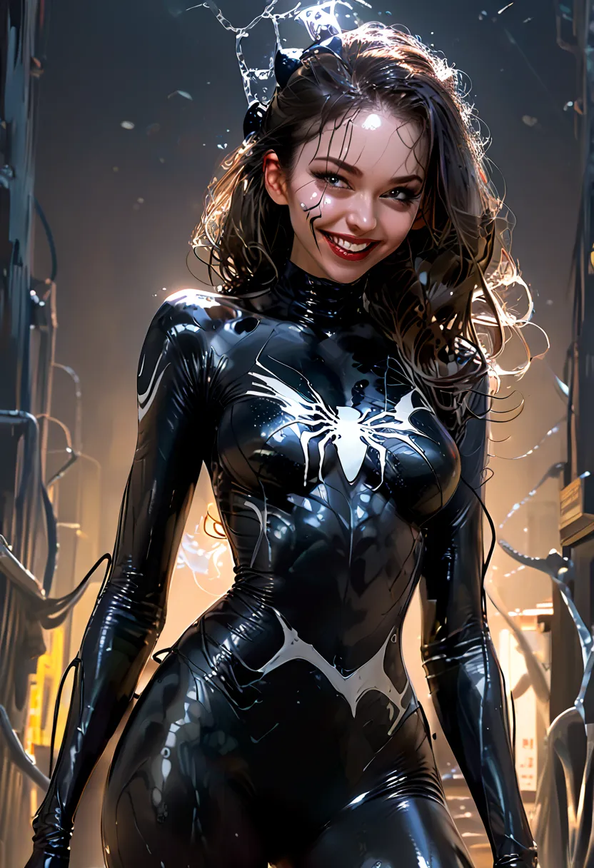 ，The girl inside the black spider suit at night, the whole body is black, only revealing her waist and chest, the liquid of venom has been shape into her face and become beautiful(sexy and dark) she smile and get out of the symbiote liquid. She become the ...