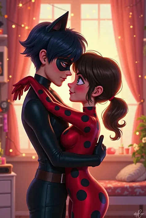 faça chat noir e marinette du paing cheng da série miraculous lady bug abraçados no quarto de marinette