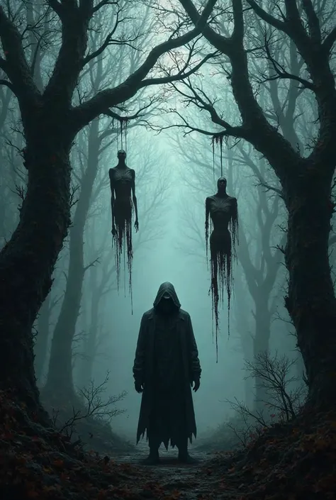 A ager with a hoodie in a dark and dramatic forest surrounded by hanged bodies

