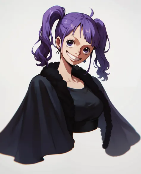 A character from the anime one piece. A girl, dark purple hair, two down pigtails, smile, best quality, black outfit 