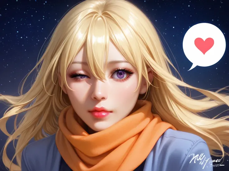 1 girl, stupid hair, bangs, blond hair,  kiss,  blue eyes, blue  scarf, brown  scarf, Chest, closed my mouth,  eyelashes, face, floating hair, hair between eyes, heart, lips, lipstick, long hair, watching viewers, makeup, night null, nose, close one eye, o...