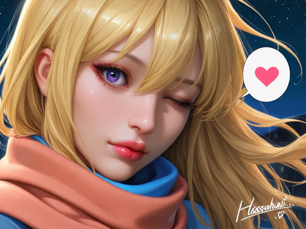 1 girl, stupid hair, bangs, blond hair,  kiss,  blue eyes, blue  scarf, brown  scarf, Chest, closed my mouth,  eyelashes, face, floating hair, hair between eyes, heart, lips, lipstick, long hair, watching viewers, makeup, night null, nose, close one eye, o...