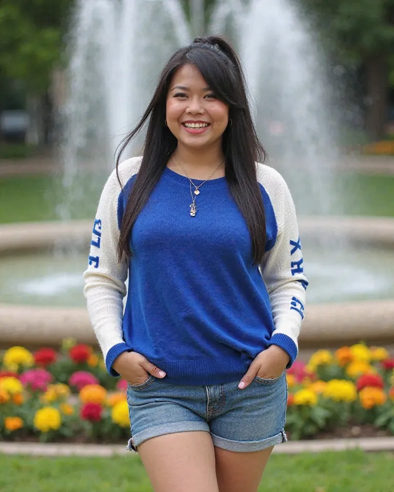 Photography pinoy image of  40year old slightly chubby but sexy woman,sweet smile,long black straight hair with ponytail,wearing royal-blue and white sweater denim skinny shorts black shoes,necklace,wrist watch,background water fountain assorted flower in ...