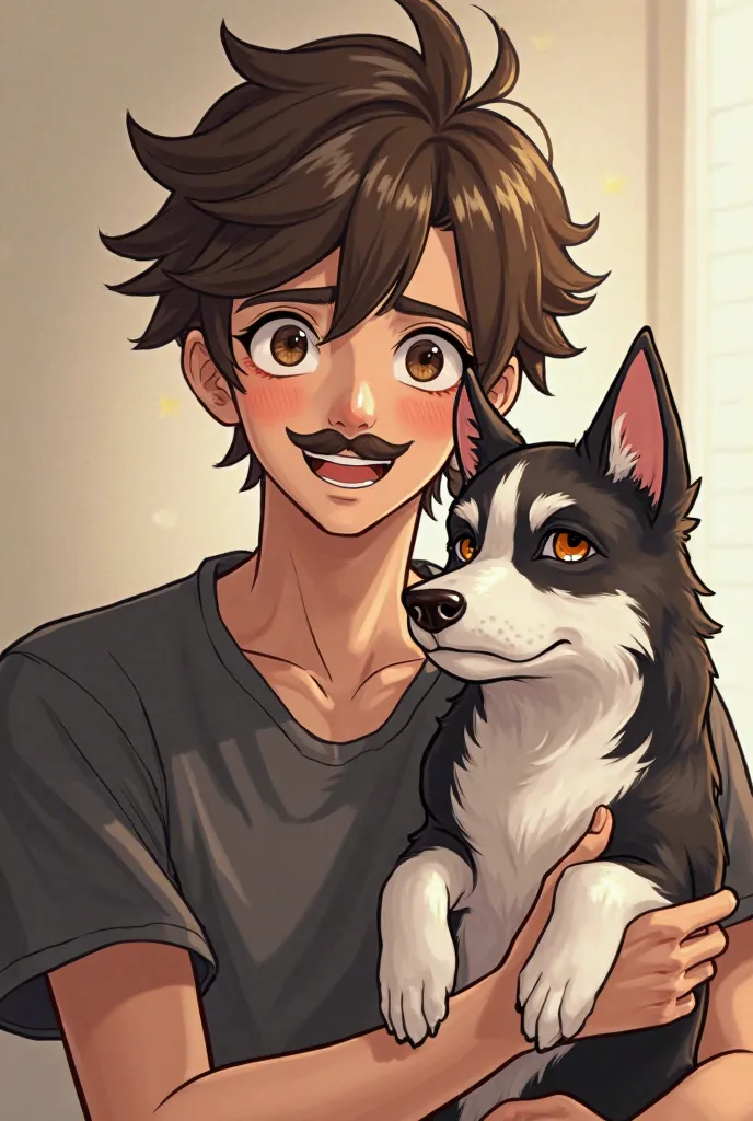 Can you generate a male character that looks humourous yet handsome, has chinky eyes, Edgar cut hair, brown haired, light skinned, and has slight mustache but looks still young, holding a dog whose fur is black and white 