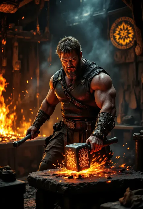 man, dressed in Leather with Armor, pumped, broad shoulders, Muscular, bandages on hands, in Hand a Blacksmith's Hammer with a Beautiful Pattern, Von Kuznica, red-hot furnace, sparks from fire are visible, coals, great , Masterpiece , 8 k, maximum det...