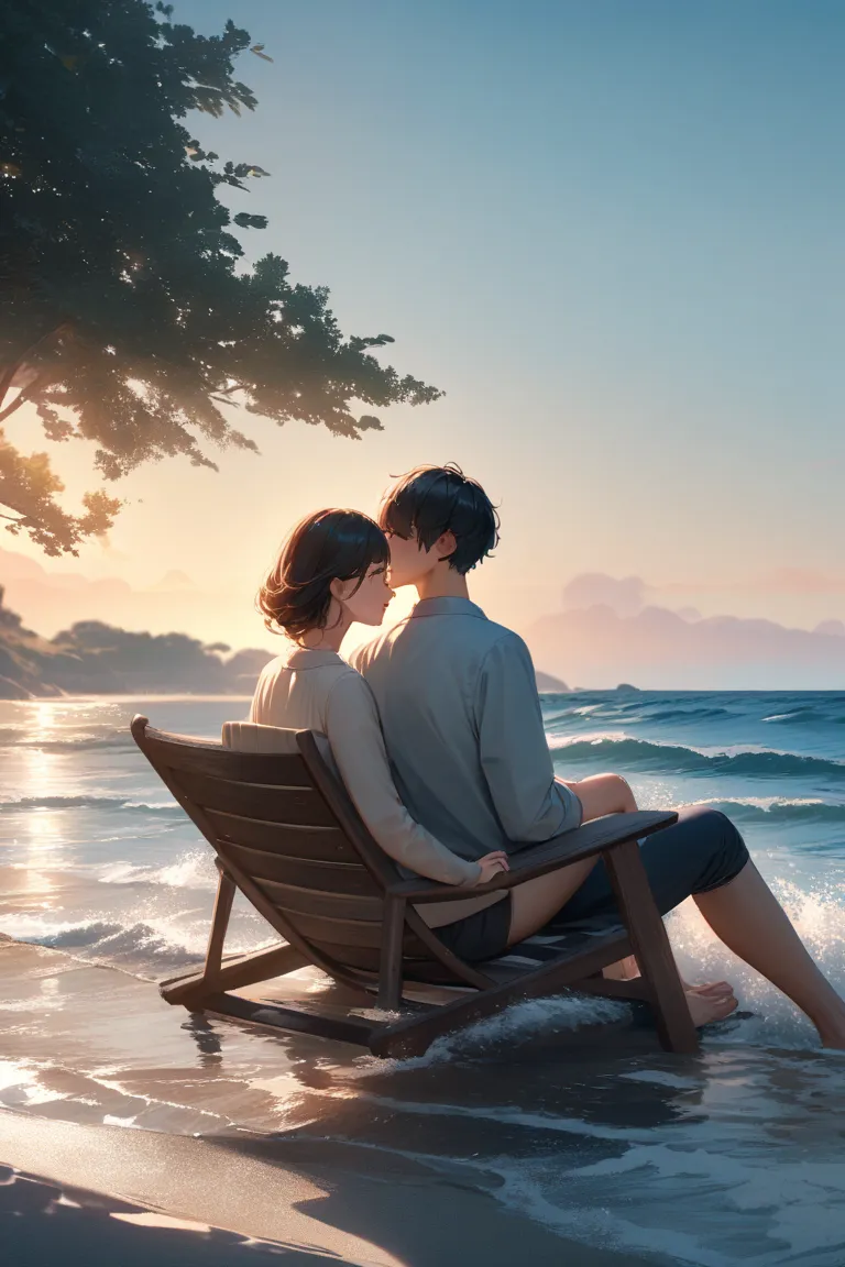 "A young couple, boyfriend and girlfriend, sitting together hand in hand at a relaxing spot by the sea. The scene is captured in ultra-HD, hyper-realistic detail with a large tree in the background, adding depth and tranquility to the environment. The ocea...