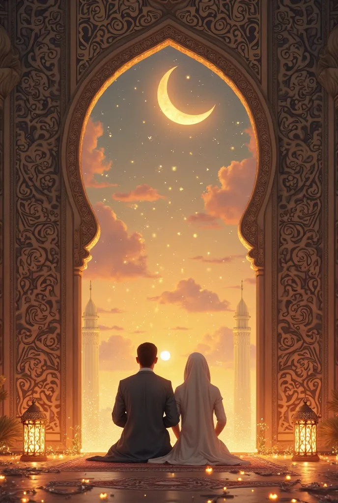 Create a Ramadan background which has a small picture of couple at a mosque 