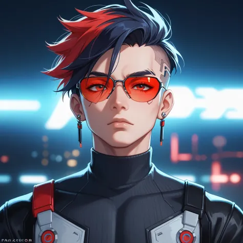 A stylish anime character with a futuristic cyberpunk aesthetic. The character is a young male with messy, two-toned hair—white on top and black underneath—styled in a slightly wild manner. He wears reflective, red-tinted sunglasses that partially obscure ...