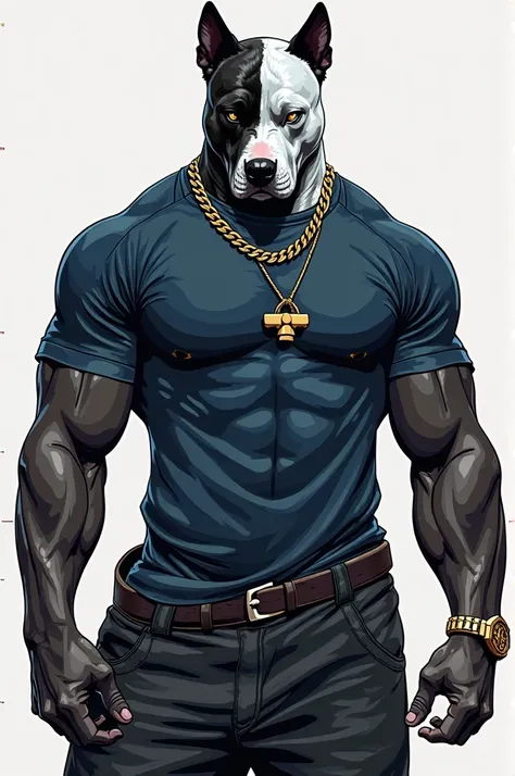 vector image: a muscular man with black and white skin wearing a navy blue t-shirt and navy blue baggy pants, pitbull face, gold chain is a Thor's eumo pendant