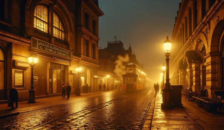 cinematic view of the Gare d'Orléans train station in Paris during the 1930s, evening time. The scene is bathed in warm golden and orange tones with soft transitions, creating a nostalgic retro atmosphere. Yellow streetlights cast reflections on the wet co...