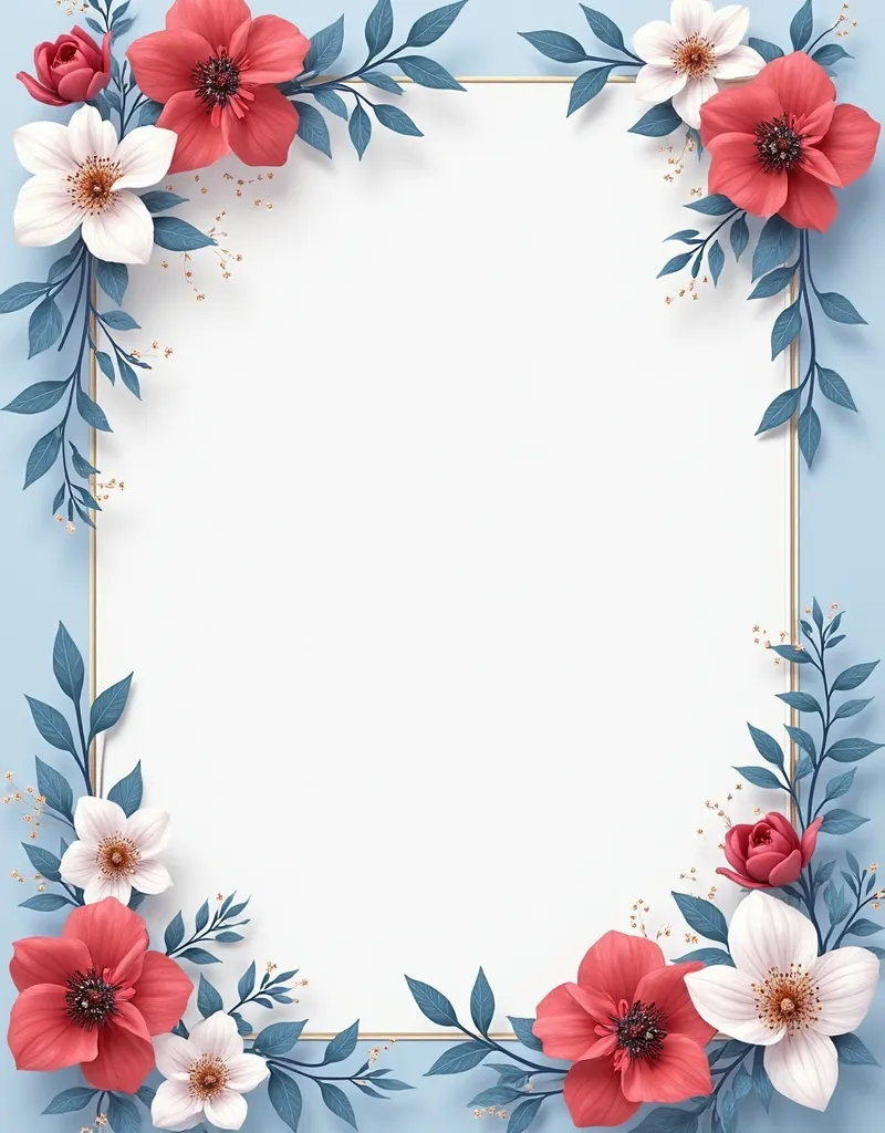 draw a background for wedding invitations, template, A4 vertical format,  flowers, pale blue background , a frame with flowers, large empty space for text in the center, red, белые и голубые  flowers