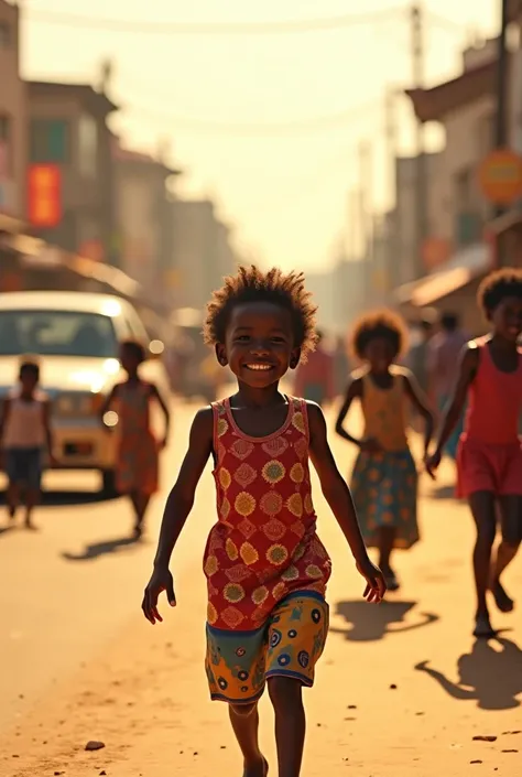 A realistic image of adorable young African ren, dressed in a variety of colorful outfits, joyfully playing on a bustling African street. The scene is full of life, with cars, motorcycles, and other vehicles moving around, while street vendors, pedestrians...