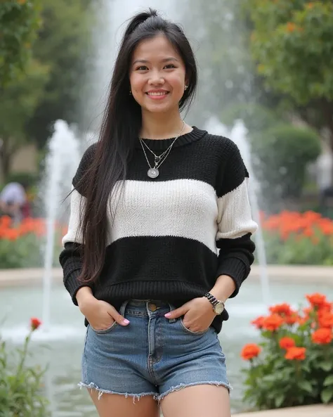 Photography pinoy image of  40year old slightly chubby but sexy woman,sweet smile,long black straight hair with ponytail,wearing black and white stripes sweater denim skinny shorts black shoes,necklace,wrist watch,background water fountain assorted flower ...