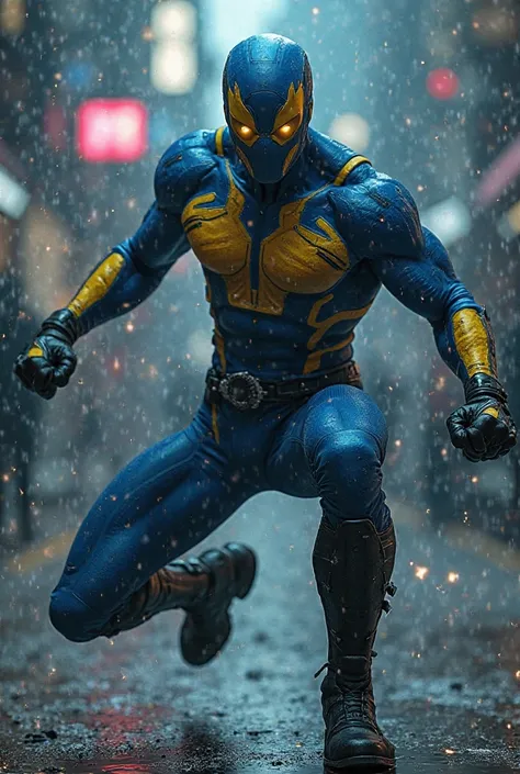 "Creates a hyperrealistic and cinematic image of Timeshadow, a Marvel mutant, in full combat . He shows his tight suit in blue with yellow details on the chest, complemented by gloves and black boots. Portrays the character in a dynamic pose, surrounded by...