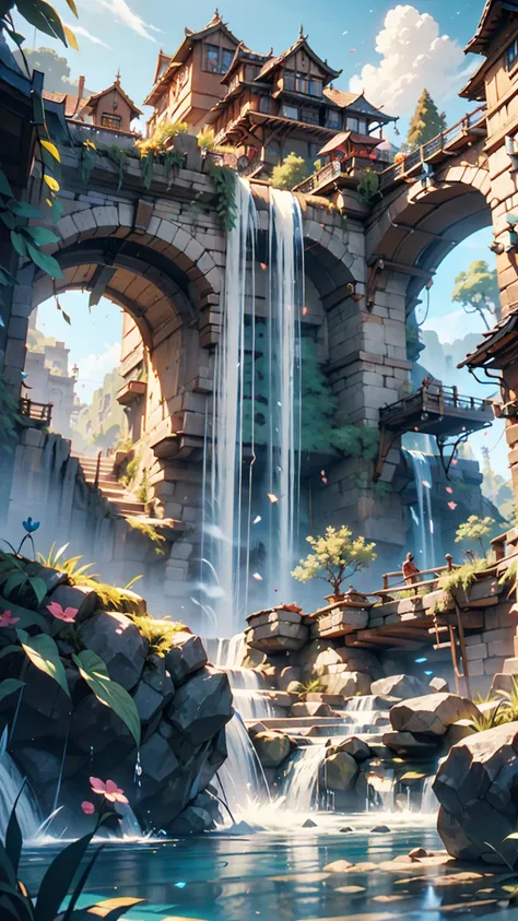  arafade view of a waterfall with a tower and waterfall in the background, fantasy matte paint，cute,  Landscape,  game art matte painting ,   Illustration  , Dota!  Beautifully detailed waterfall  , Dota  Beautifully detailed waterfall  , 2.  5d cgi anime ...