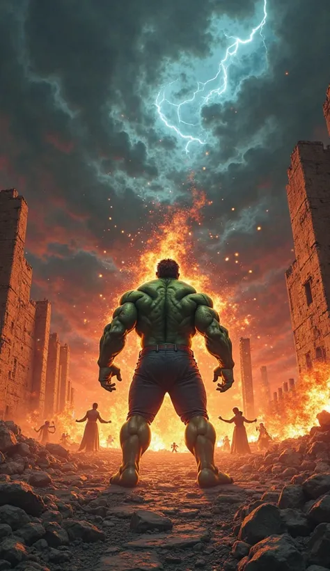 An epic face-off between Hulk and Ghost Rider, both standing at equal height, their massive, intimidating forms towering over a post-apocalyptic battlefield. The ground beneath them is cracked and scorched, with glowing embers floating into the air like re...