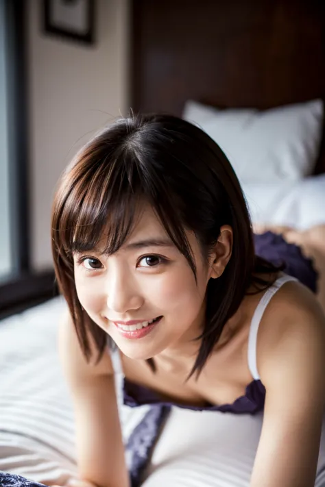 A cute 35-year-old Japanese woman、is standing on all fours in the bedroom。With short black hair、In white underwear、looking at the camera with a smile even though she is slightly embarrassed。