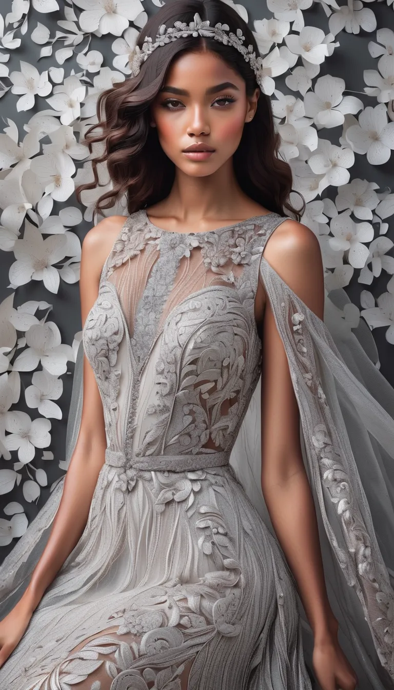 Minimalist style dresses, intricate and gorgeous gowns, elaborate patterns, textures and colors, detailed facial features, dramatic poses, lush floral backgrounds, gorgeous materials, glittering embellishments, high quality, ultra fine, 4K, realistic, stud...