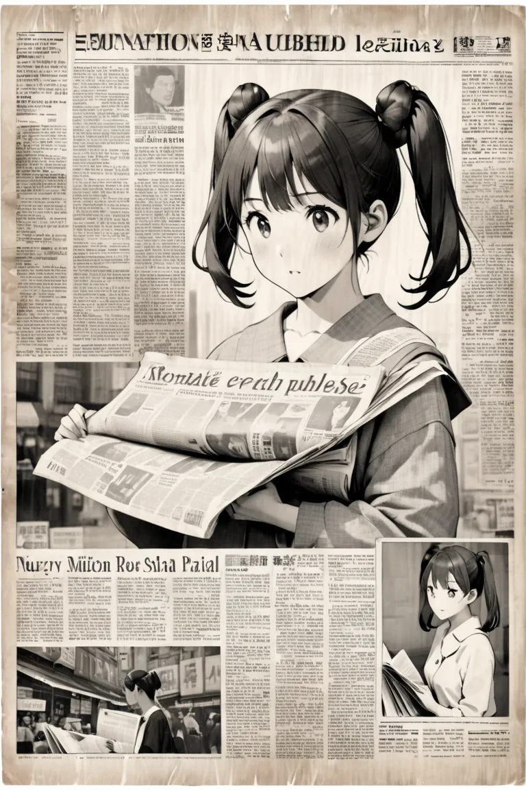 Composition of a newspaper article、A girl with twin tails will be published in an article、black and white、many advertisements are posted under newspaper articles、Expressing old paper quality、[Saturation:-1.6]、