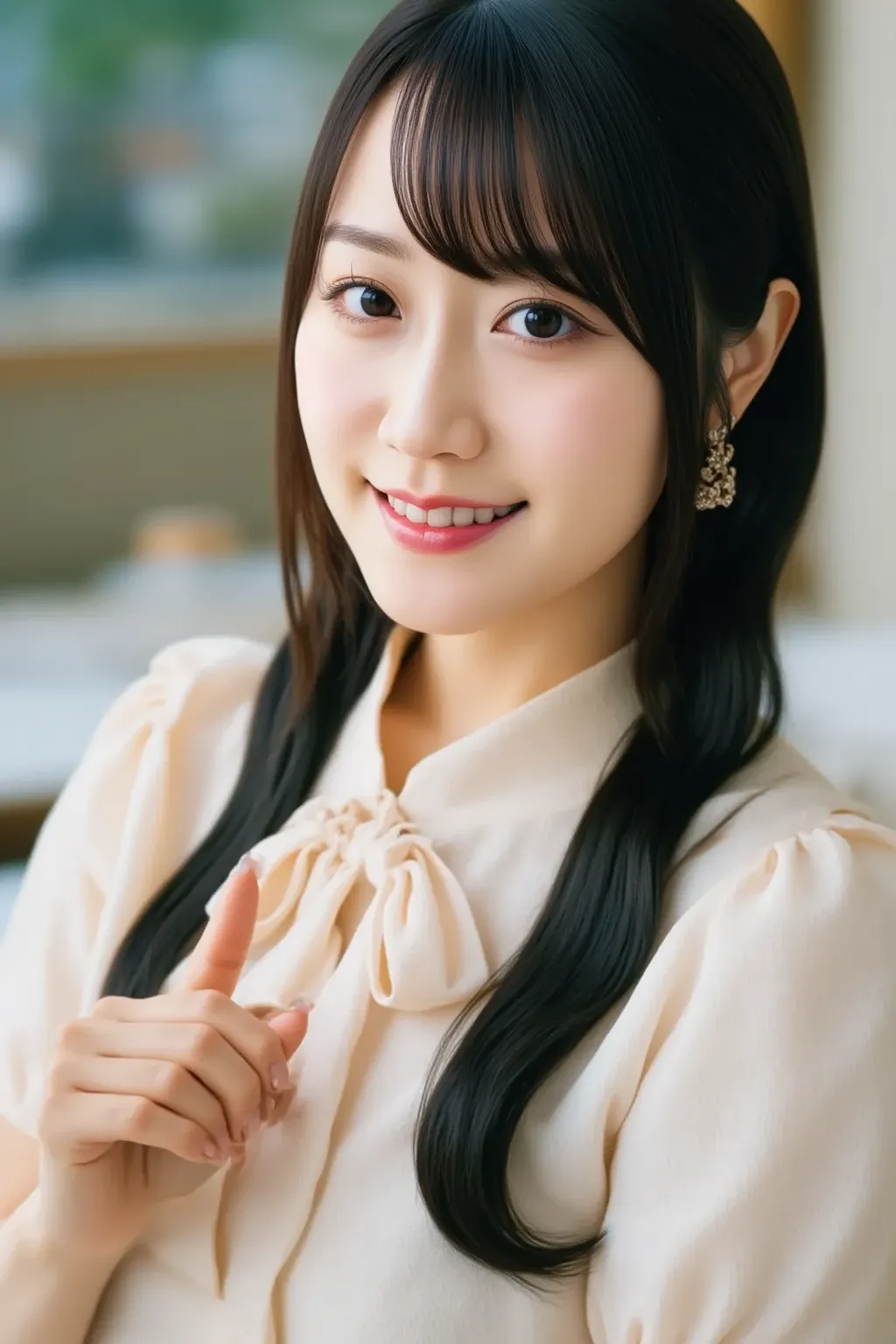 "A realistic portrait of a young Japanese woman waving her hand with a warm smile. She has shoulder-length black hair, wearing a casual yet elegant outfit, standing against a softly blurred background. The lighting is natural and well-balanced, emphasizing...