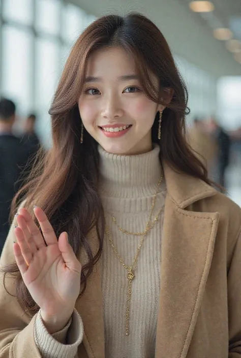 Beautiful Korean girl with young face at the airport she is smiling and waving hello to fans she is wearing beige oversized coat, knitted turtleneck, wide leg pants to match, thin gold chain with pendant, rings. Face shape: oval, with gentle, harmonious fe...