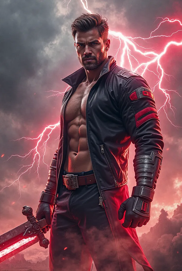 (photorealism:1.2), male with lightning powers. Holding lightning sword, red lightning and thunder, so powerful, wearing black jackets with red and white accents, wearing glove, full body picture