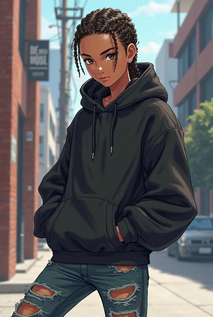 can you generate a anime boy with light brown skin, with jordan 1 dior a black hoodie and american style ripped jeans and braids 